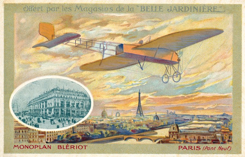 Bleriot monoplan og udsigt over Paris, der viser Pont Neuf (chromolitho) af French School