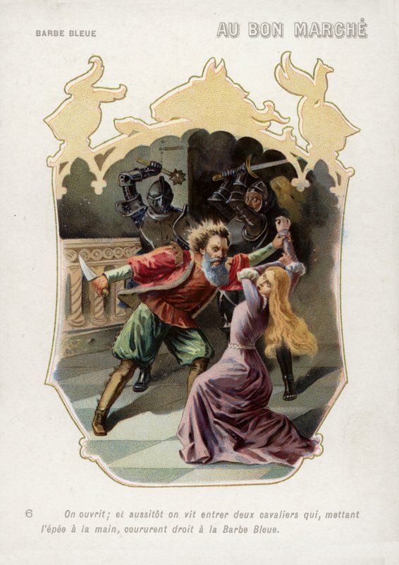Bluebeards kone bliver reddet fra døden ved sin mands hånd ved ankomsten af hendes brødre (chromolitho) af French School