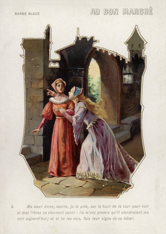 Blåskægs kone fortæller sin søster, Anne, at hun skal klatre op i slottets tårn og passe på sine brødre (chromolitho) af French School