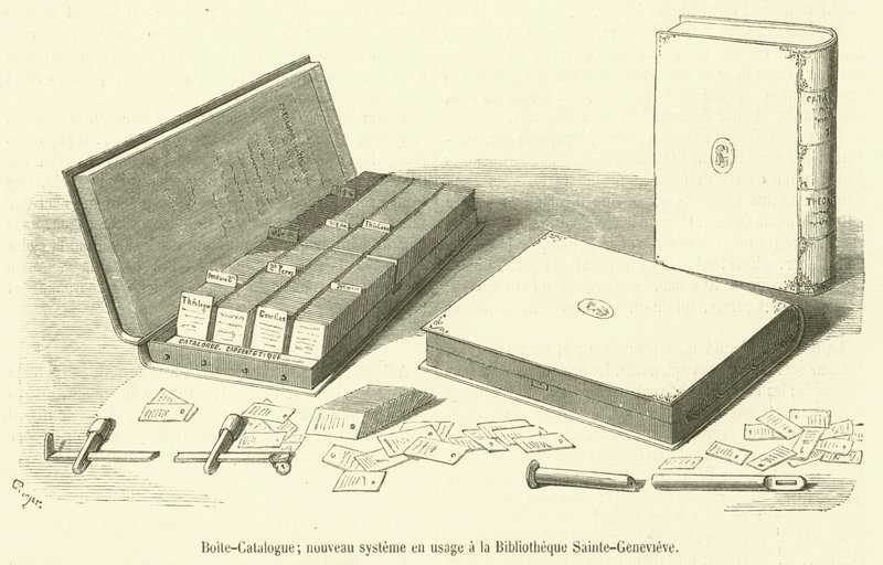 Katalogboks, nyt system i brug på Bibliotheque Sainte-Genevieve (gravering) af French School