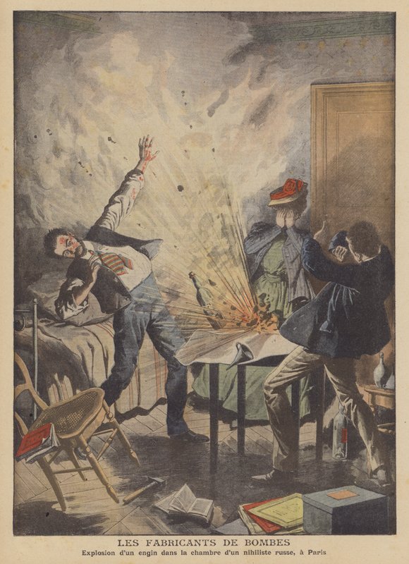 Bombefremstillere (farve litho) af French School