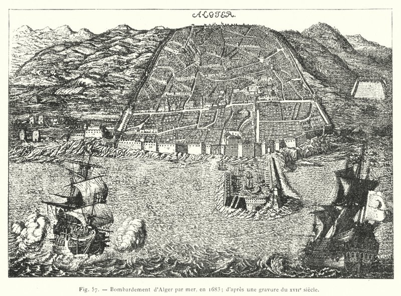 Bombardement af Algier til søs, i 1683; efter en gravering fra det 17. århundrede (gravering) af French School