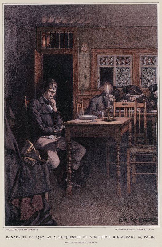 Bonaparte i 1792 som en hyppig gæst på en seks-sous restaurant i Paris af French School