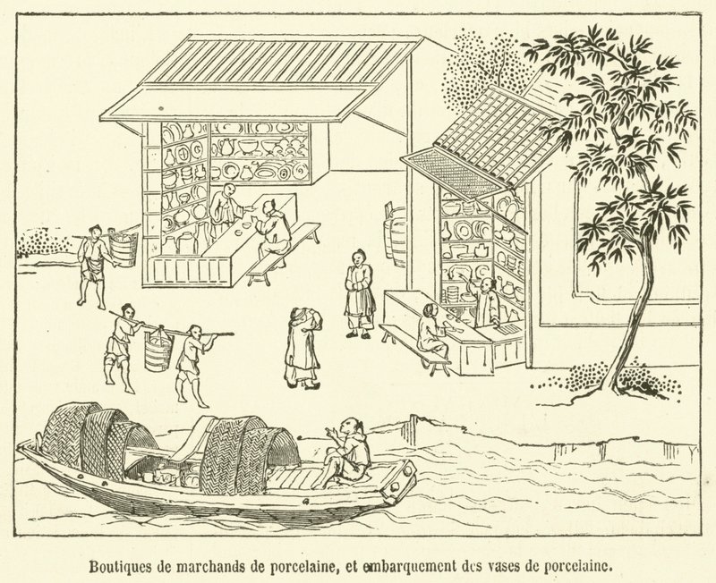 Forretninger med porcelænshandlere og indskibning af porcelænsvaser (gravering) af French School