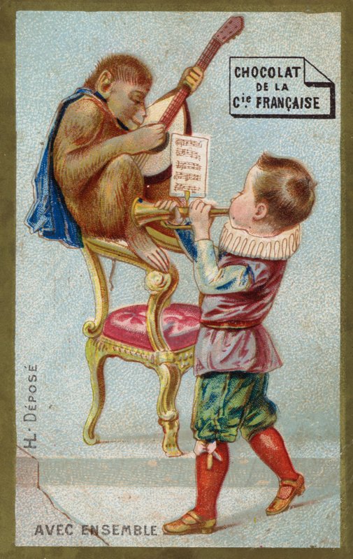Dreng og abe spiller musikinstrumenter sammen (chromolitho) af French School