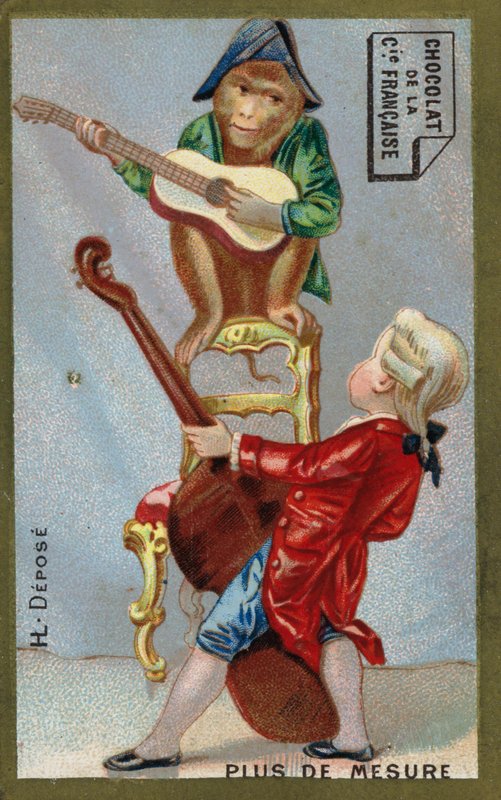 Dreng og abe spiller musikinstrumenter sammen (chromolitho) af French School