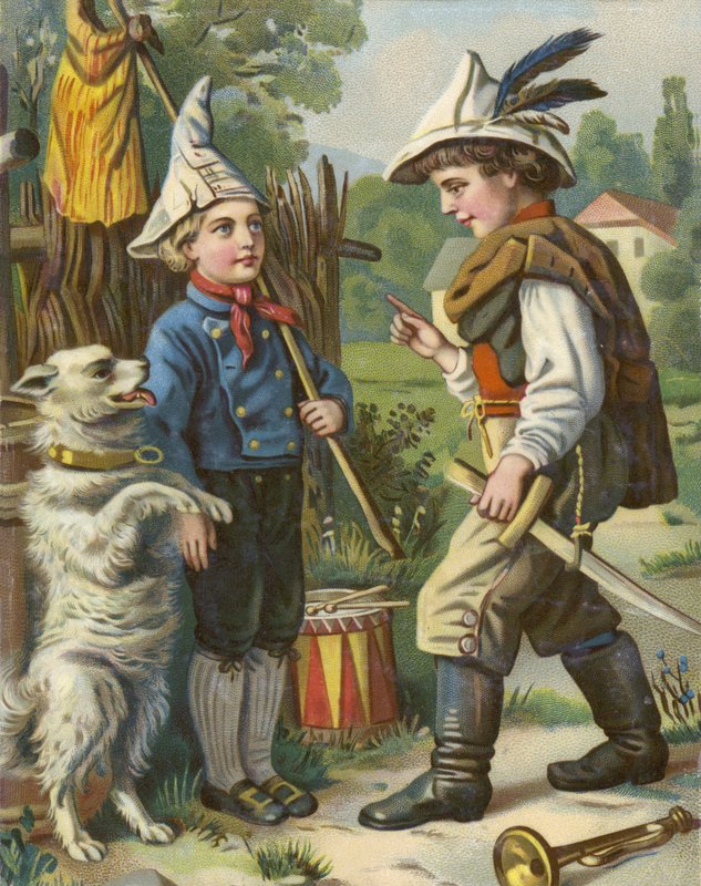 Drenge leger soldater med deres hund på landet af French School
