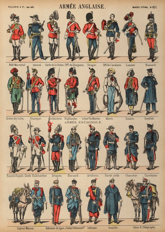 Britiske og spanske militæruniformer (farvet gravering) af French School