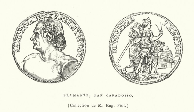 Bronze portrætmedalje af den italienske renæssancearkitekt Donato Bramante af Caradosso, c1506 (gravering) af French School