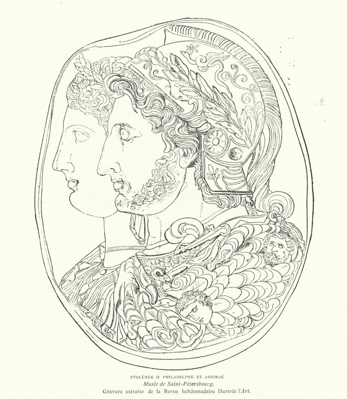Cameo af oldtidens egyptiske farao Ptolemy Philadelphus og hans kone Arsinoe, 3. århundrede f.Kr. (gravering) af French School