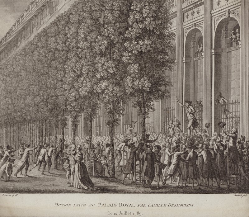 Camille Desmoulins leverer en opfordring til våben til folket i Palais Royal, Paris af French School
