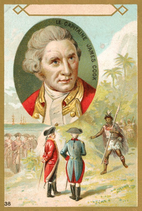 Kaptajn James Cook, engelsk opdagelsesrejsende (chromolitho) af French School