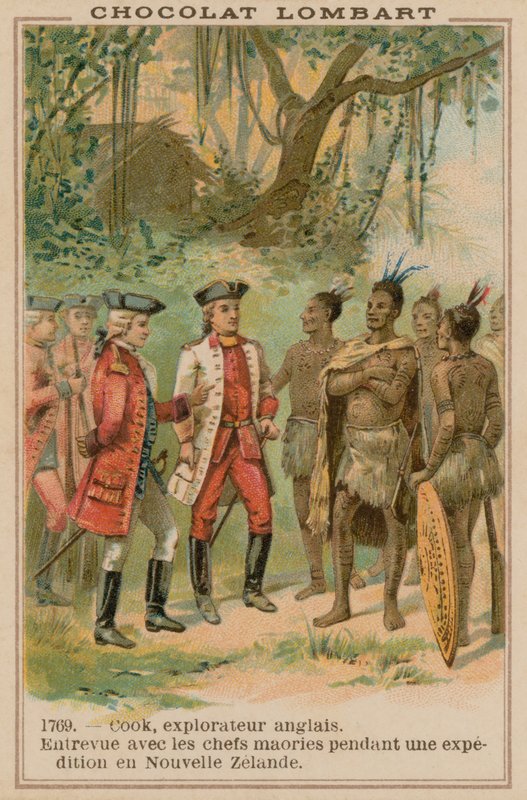 Kaptajn James Cook møde med maorihøvdinge i New Zealand, 1769 af French School