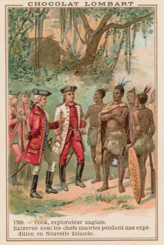 Kaptajn James Cook møde med maorihøvdinge i New Zealand, 1769 af French School