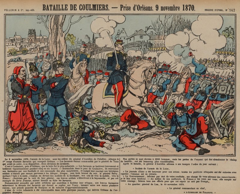 Franskmændenes erobring af Orleans efter slaget ved Coulmiers, fransk-preussisk krig, 9. november 1870 (farvegravering) af French School