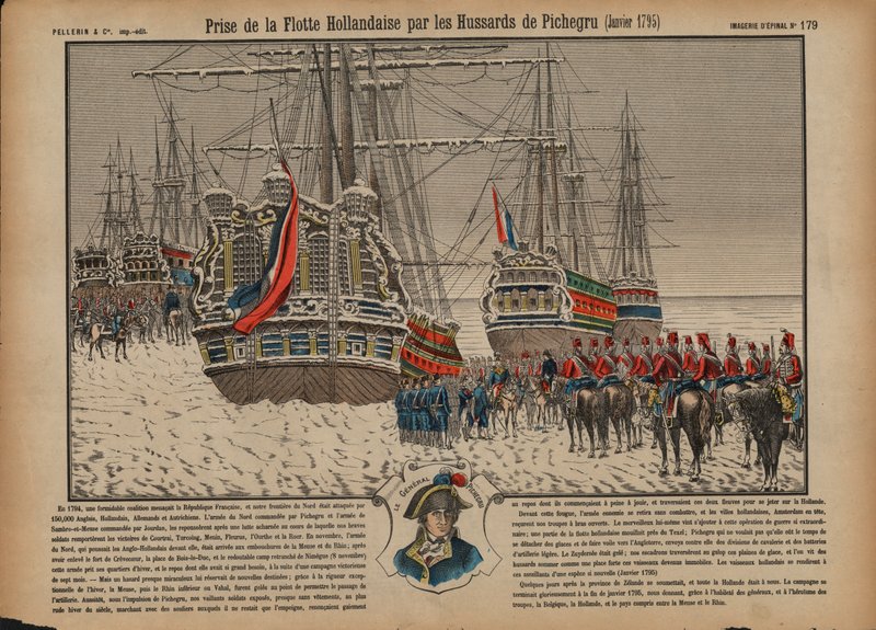 Tilfangetagelse af den hollandske flåde på den frosne Ijsselmeer af franske husarer under kommando af general Pichegru, januar 1795 (farvestik) af French School