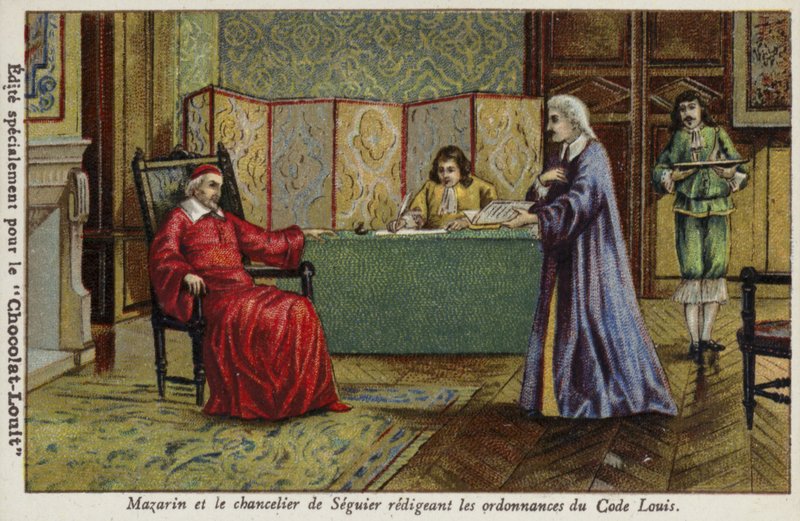 Kardinal Mazarin og kansler Seguier ved at udarbejde ordinancerne af Code Louis af French School