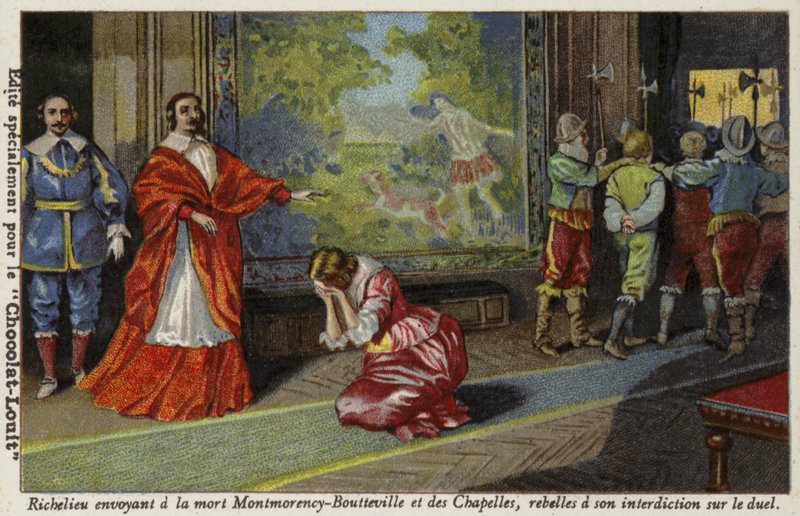 Kardinal Richelieu sendte Francois de Montmorency-Bouteville og Comte de Chapelles for at blive henrettet for at trodse sit forbud mod duellering, 1627 af French School