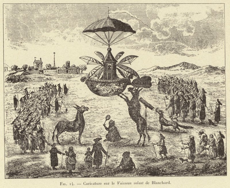 Karikatur på det flyvende fartøj af Blanchard (gravering) af French School