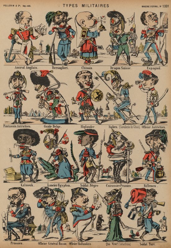 Karikaturer af militærfigurer (farvet indgravering) af French School