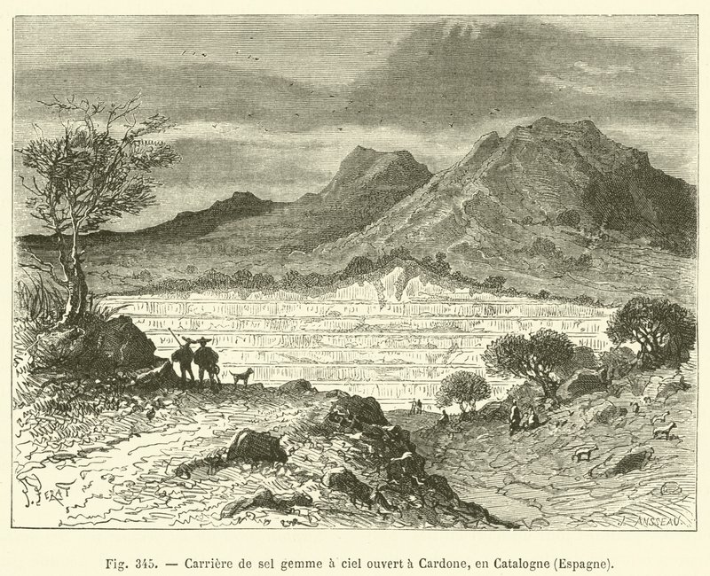 Åbent stensaltbrud i Cardone, Catalonien, Spanien (gravering) af French School