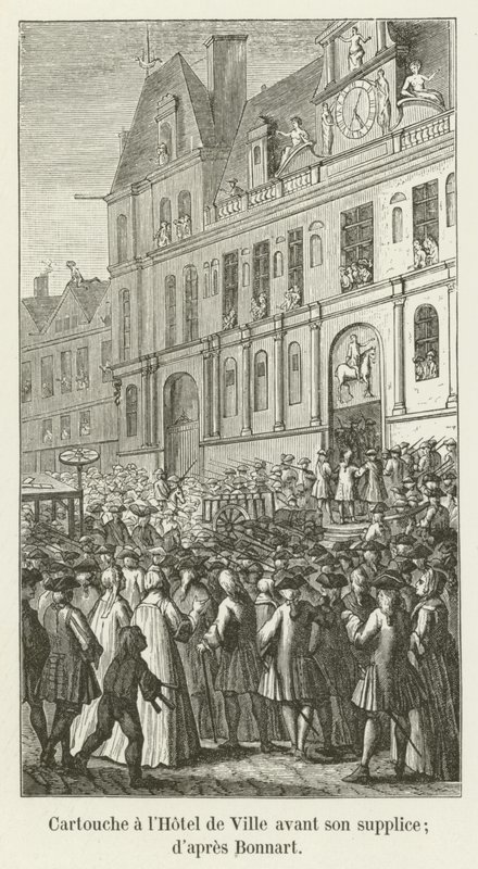 Cartouche på Hôtel de Ville før hans henrettelse; ifølge Bonnart af French School