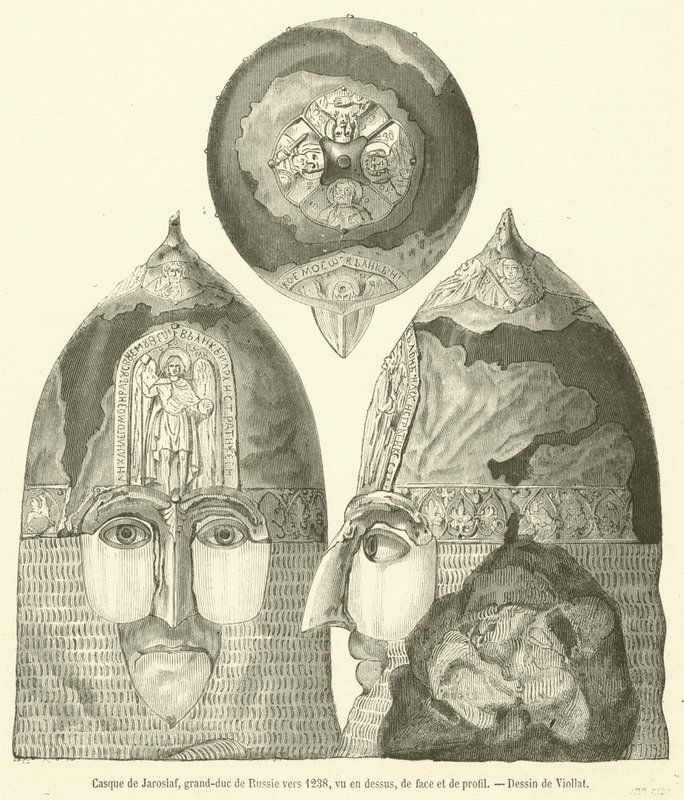Hjelm fra Jaroslav, storhertug af Rusland omkring 1238, set fra oven, forfra og i profil (gravering) af French School