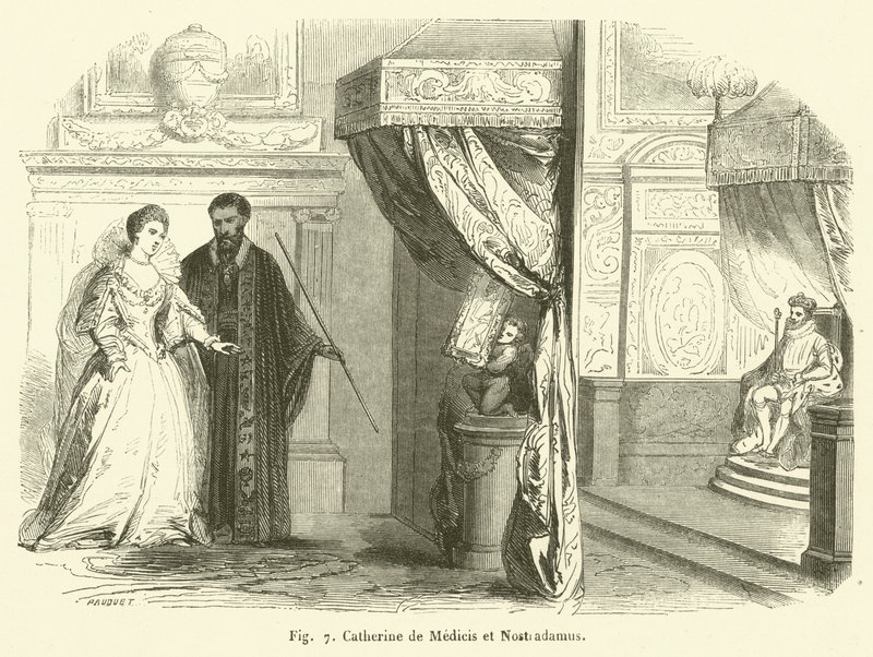Catherine de Medicis og Nostradamus (gravering) af French School