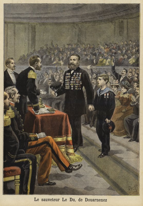 Ceremoni til ære for hr. Le Du, en redningsmand fra Douarnenez, Bretagne, 1897 af French School