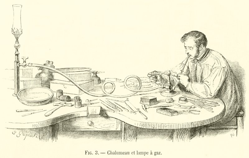 Blæselampe og gaslampe (gravering) af French School
