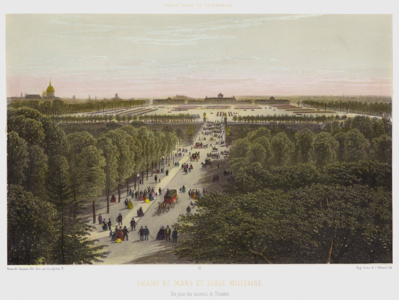 Champ De Mars og militærskolen, udsigt taget fra højderne af Trocadero (farve litho) af French School