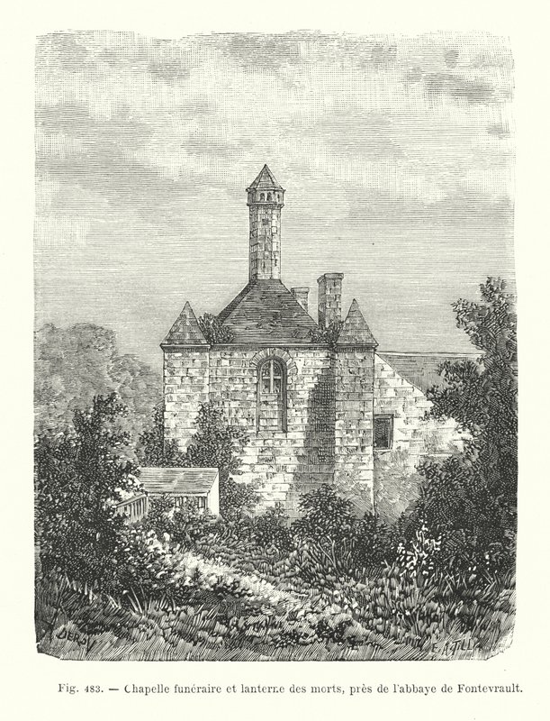 Begravelseskapel og de dødes lanterne nær Fontevrault Abbey (gravering) af French School