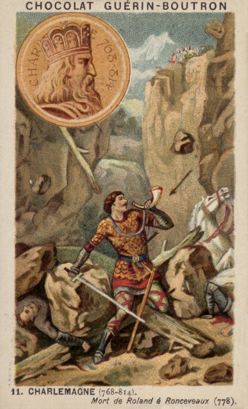 Karl den Store og Rolands død ved Ronceveaux, 778 (chromolitho) af French School