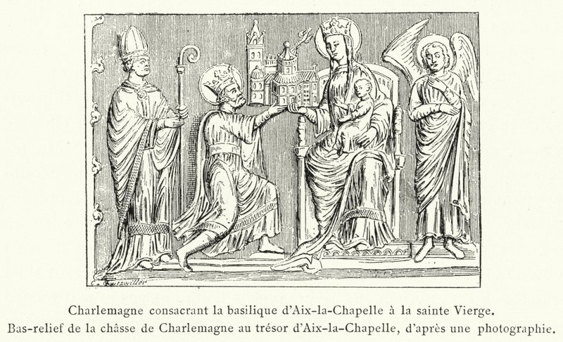 Karl den Store indvier basilikaen Aix-la-Chapelle til den hellige jomfru, basrelief af Karl den Stores jagt på skatkammeret i Aix-la-Chapelle (gravering) af French School