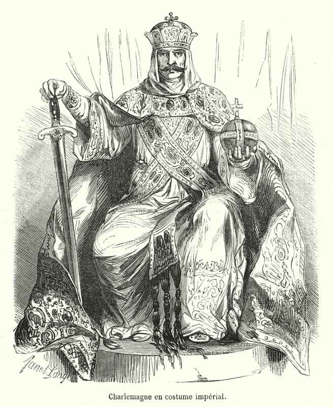 Charlemagne en kejserlig kostume (gravering) af French School