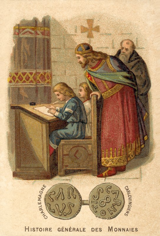 Karl den Store ser børn skrive i skolen (chromolitho) af French School