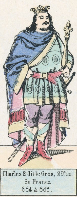 Charles 2 dit le Gros, 29. konge af Frankrig, 884 til 888 (farvegravering) af French School