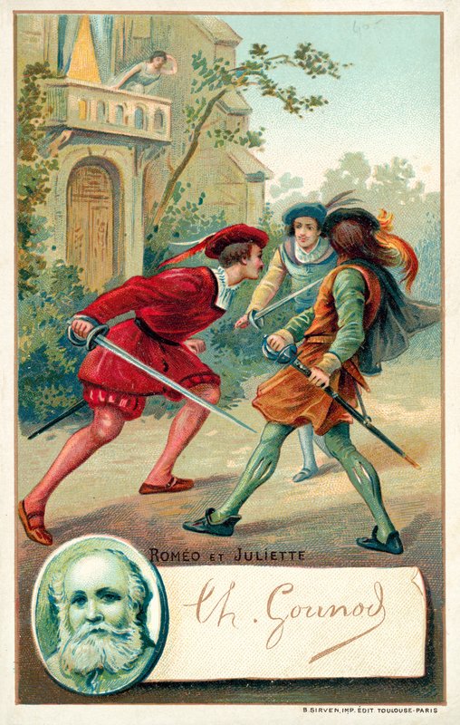 Charles Gounod, fransk komponist og en scene fra hans opera Romeo et Juliette (Chromolitho) af French School