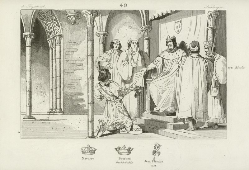Charles IV of France making Louis, Count of Clermont-en Beauvaisis, Duke of Bourbon, 1327  af French School