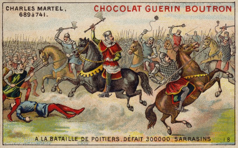 Charles Martel besejrede en hær på 300.000 saracenere i slaget ved Poitiers, 732 (chromolitho) af French School