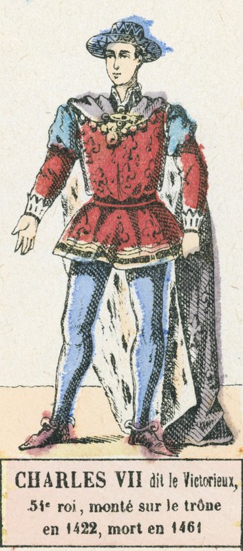 Charles VII kaldet Sejrherren, 54. konge, besteg tronen i 1422, døde i 1461 (farvet indgravering) af French School