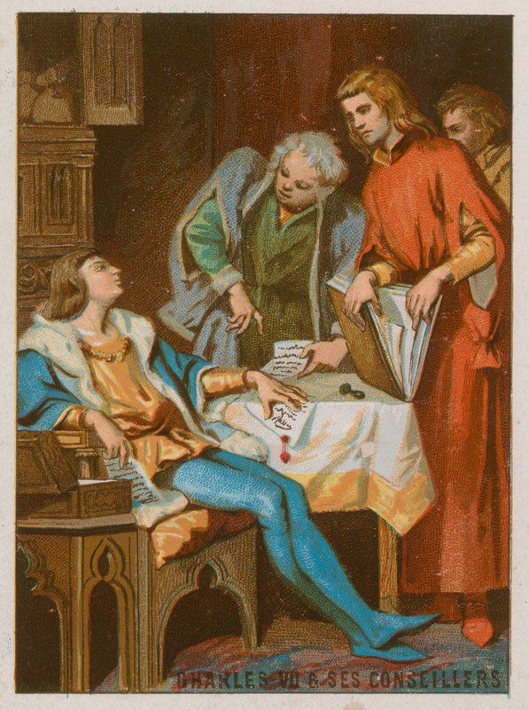 Charles VII med sine rådgivere af French School