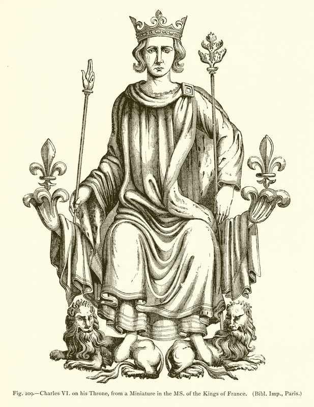 Charles VI på sin trone, fra en miniature i MS. af Frankrigs konger af French School