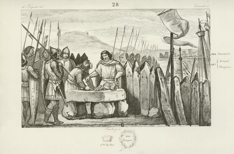 Charles the Fat pays the Vikings 700 pieces of silver to abandon their siege of Paris, 886  af French School