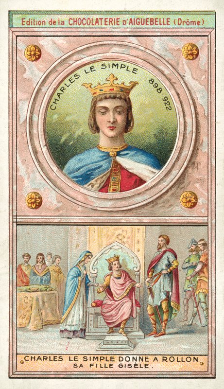 Karl den Enfoldige giver sin datter Gisele til Rollo af Normandiet i ægteskab, 911 (chromolitho) af French School