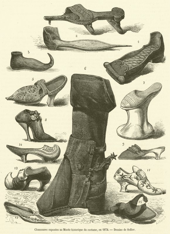 Sko udstillet på det historiske kostumemuseum i 1874 (gravering) af French School