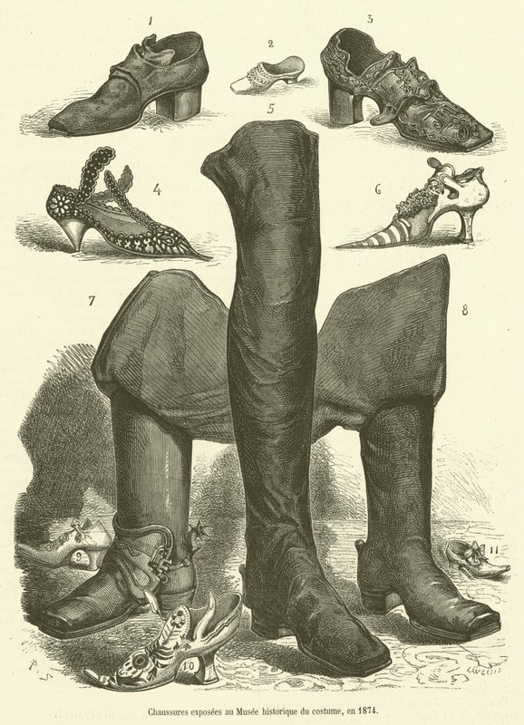 Sko udstillet på det historiske kostumemuseum i 1874 (gravering) af French School