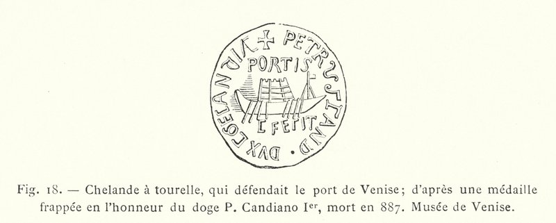 Chelande med tårn, som forsvarede Venedigs havn; fra en medalje, der blev slået til ære for Doge P Candiano I, der døde i 887, Museum of Venice (gravering) af French School