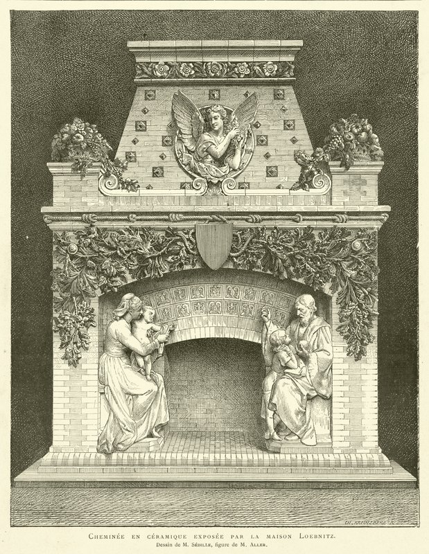 Keramisk pejs udstillet af Loebnitz-huset, Tegning af M Sedille, figur af M Aller (gravering) af French School
