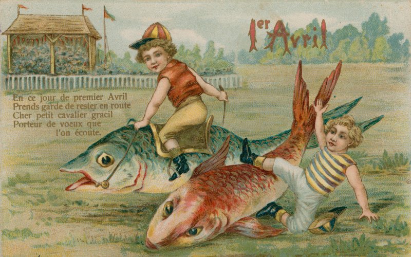 Child jockeys racing fish, 1. april kort, 1913 af French School